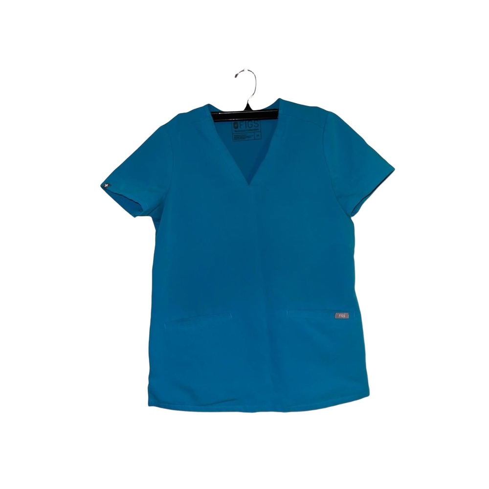 Figs Scrub‎ Top Womens Blue Vneck Short Sleeve Two Pockets Medical Uniform